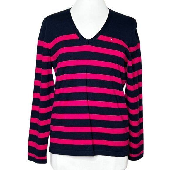Tommy hilfiger Pima Cotton Striped V-Neck Pullover Hot Pink & Navy Blue XL - Picture 1 of 5